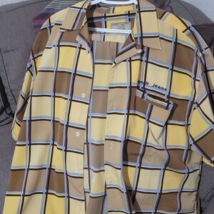 Casual Yellow and Brown Plaid Men's Shirt